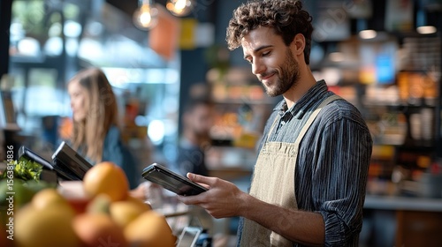 A smiling barista using a tablet in a cozy, modern cafe with fresh fruits and a blurred female customer in the background.
