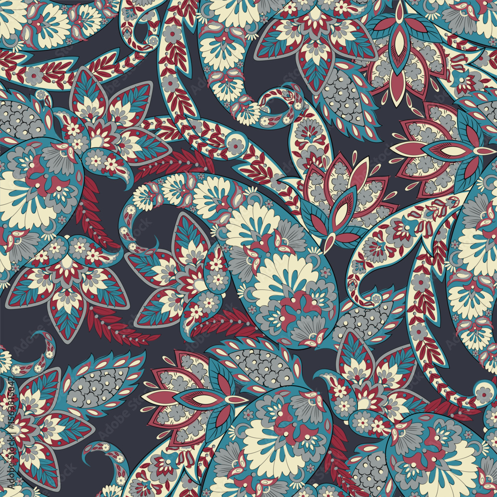 Naklejka premium Colorful Paisley wallpaper. Vector Indonesian batik. Bright classic indian fabric. Paisley wallpaper. Ethnic background with paisley and stylized flowers. For textile, cover, wrapping paper, fabric