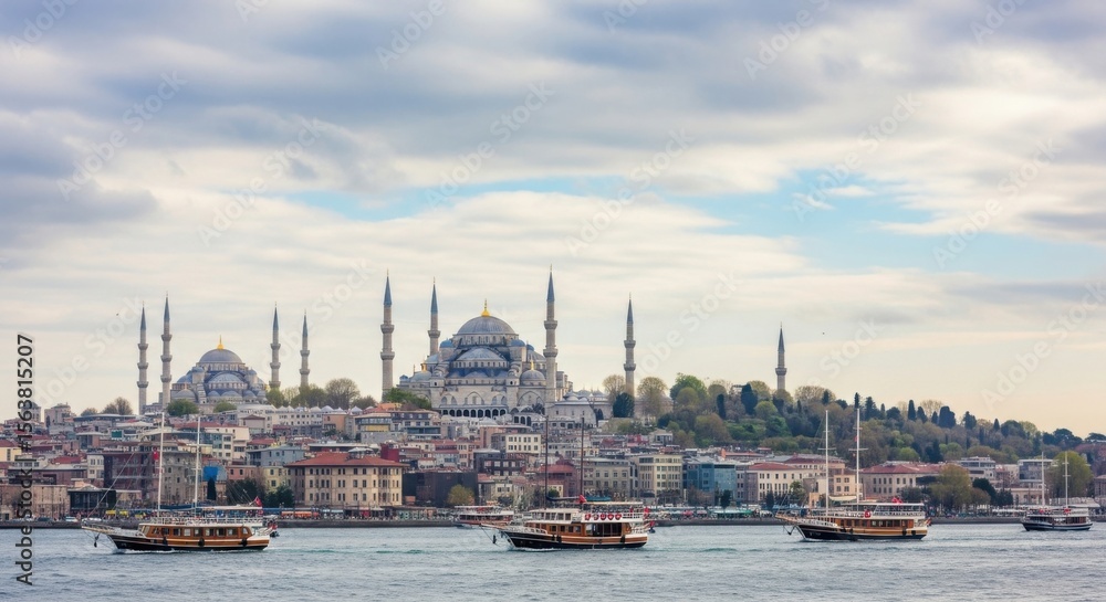 Fototapeta premium Majestic Cityscape with Historic Mosques and Boats on the Water Under a Cloudy Sky