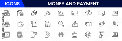 Money and payment are simple, minimal, thin line icons. Related money, credit card, atm, purchase, bill. Editable stroke. Vector illustration.
