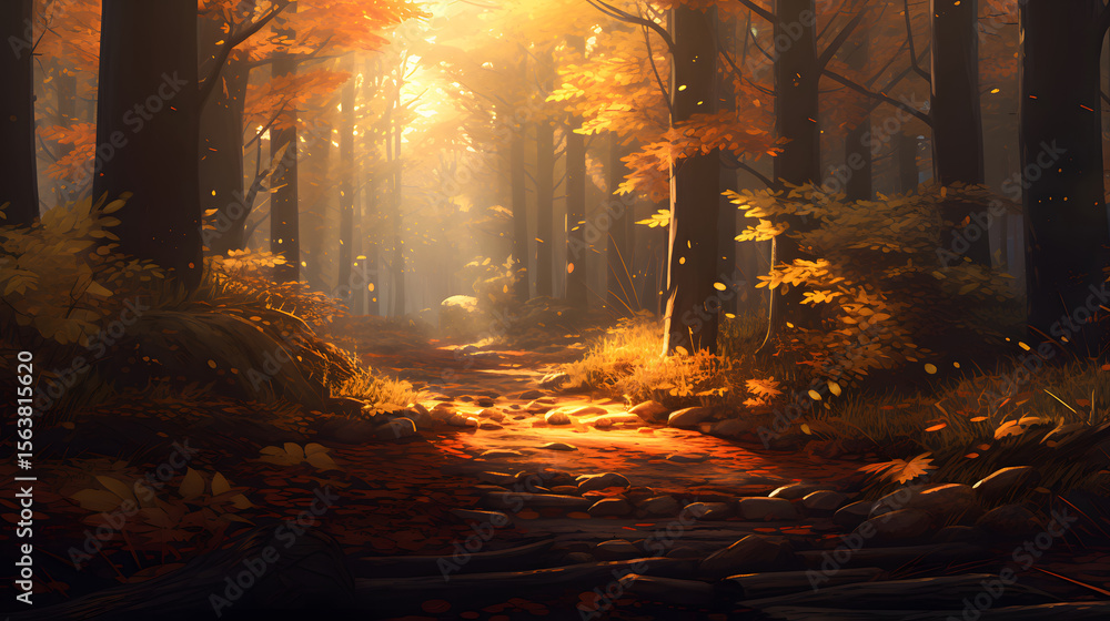 Obraz premium peaceful autumn forest scene with falling leaves and soft warm light.