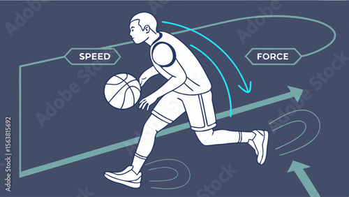 Dynamic Basketball Player Dribbling with Speed and Force Lines. Abstract Sports Science Illustration of Athletic Movement and Performance Mechanics.