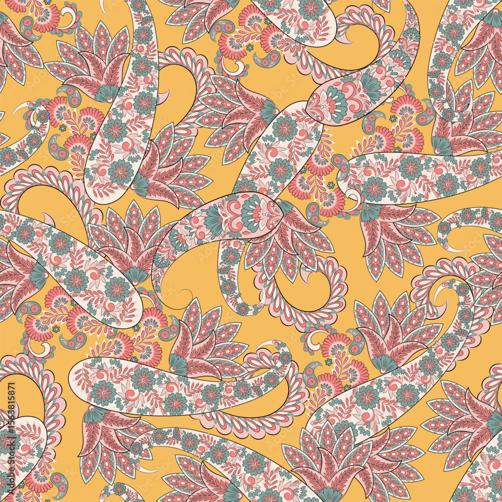 Naklejka premium Vector Batik ornament. Ethnic Paisley Floral seamless pattern.