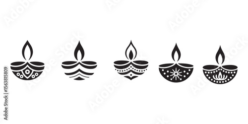 Five Black Diya Lamps with Flame Silhouettes on White Background Vector Illustration