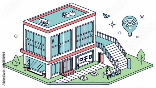 Modern Isometric Office Building with Outdoor Co-working Space and Digital Connectivity Icons. Contemporary Business Hub Illustration for Technolog...