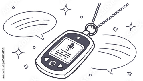 Wearable Voice Assistant Device with Speech Bubbles and Sparkles - Digital Communication and Audio Recording Concept Line Art