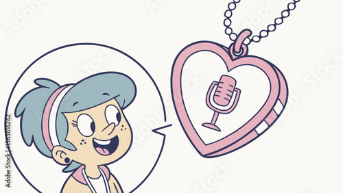Happy Cartoon Girl Interacting with Voice-Activated Heart Locket. Digital Communication, Smart Jewelry, and Audio Recording Concept. Vector Illustr...