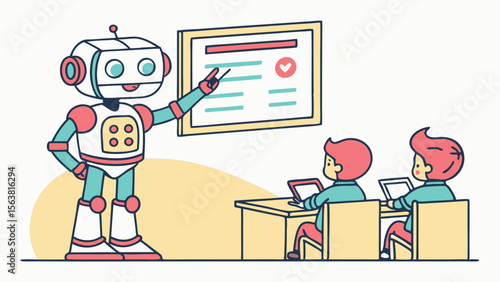 Futuristic AI Robot Teacher Educating Students on Tablets in a Classroom, Illustrating Technology's Role in Modern Education and E-learning Concepts