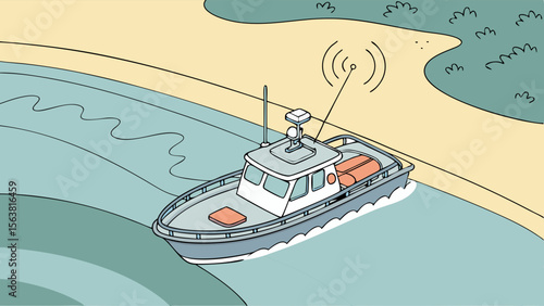 Illustrated Patrol Boat with Active Radar Antenna Navigating a Calm Waterway Along a Sandy Shoreline, Indicating Communication or Search Operations