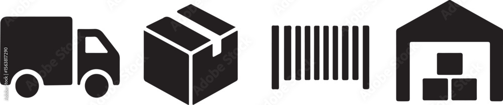 Black and white icon set of delivery and logistics symbols including truck, box, barcode, and warehouse in flat vector format.
Black and white icon set of delivery and logistics symbols including truck, box, barcode, and warehouse in flat vector format.