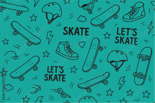 Skateboard vector doodle background filled with dynamic sketches of skaters, boards, and street symbols, celebrating action, creativity, and youthful energy.