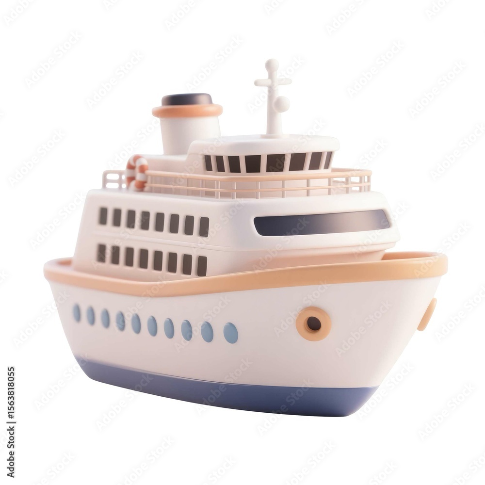 Obraz premium Cruise Ship 3D Render: A pristine white cruise ship, meticulously detailed in a 3D render, glistens under the digital sun. The vessel boasts a modern design with clean lines and elegant proportions.