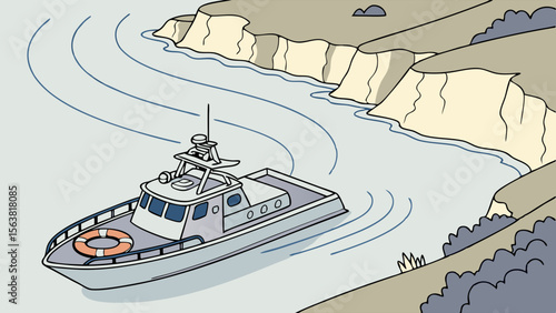 Illustrated Coastal Patrol Boat Navigating Calm Waters with Cliff Banks