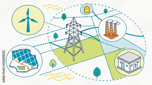 Smart Energy Grid Network with Renewable Power Sources and Distribution System Illustration