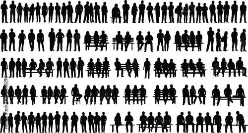 Silhouettes of diverse people, sitting and standing on benches, interacting in community spaces, isolated on white background, symbolizing social diversity, communication, and urban lifestyle concepts