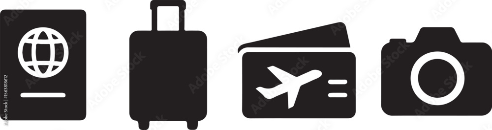 Flat vector symbols of holiday travel essentials including passport, suitcase, airplane ticket, and camera.
Flat vector symbols of holiday travel essentials including passport, suitcase, airplane ticket, and camera.