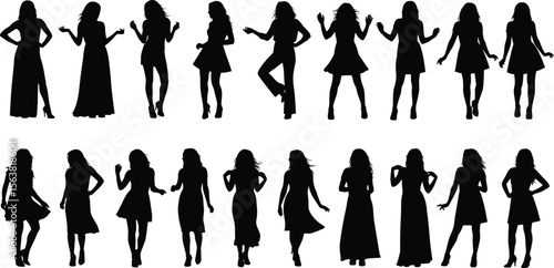 Silhouettes of standing women in elegant dresses, diverse fashion poses, black figures on white background, showcasing beauty, posture, style, identity, and femininity