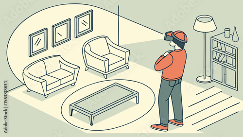 Immersive Virtual Reality Home Design Experience: Person Wearing VR Headset Interacting with a Digital Living Room Layout, Technology for Interior ...