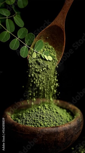 Moringa powder being poured from wooden spoon into clay bowl  