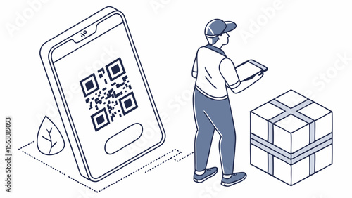 Mobile Logistics and Package Delivery Illustration with QR Code Scan and Delivery Worker, E-commerce Shipping and Tracking Concept
