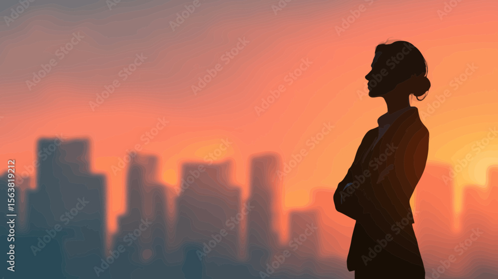 Fototapeta premium Silhouette of a confident businesswoman stands before a cityscape at sunset, ideal for corporate success, leadership, and aspiration themes.