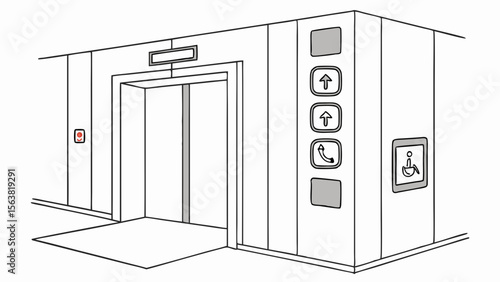 Modern Elevator Entrance Line Art Illustration with Accessibility and Call Buttons