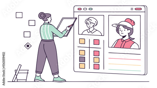 Female Character Managing Digital Content and User Profiles on a Web Interface. Concept of UI/UX Design, Data Curation, and Online Organization for...