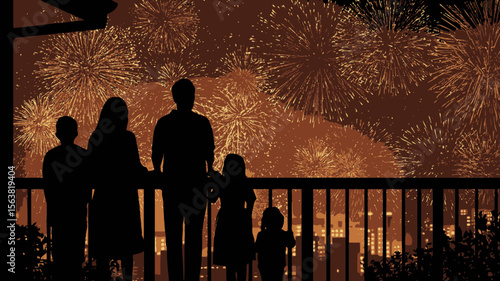 Enjoy a festive silhouette of a family watching fireworks over the city skyline on a celebratory occasion, evoking warmth and togetherness.
