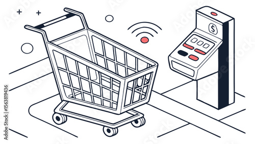 Smart Retail Technology Concept with Shopping Cart and Payment Kiosk: Modern Self-Checkout System in Isometric Line Art