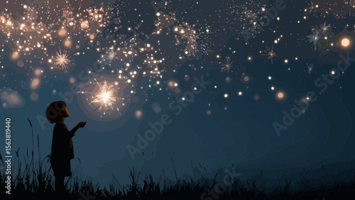 A dreamy nightscape features a child silhouette with sparkling fireworks, ideal for event design and celebrations, creating magical festive themes.