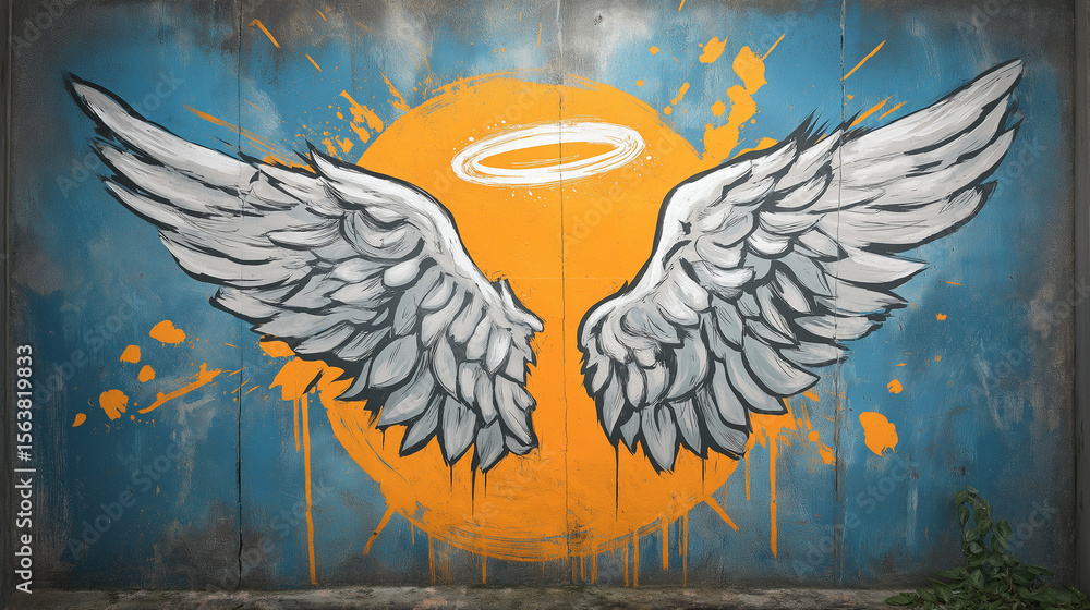 Naklejka premium Wings of Wonder: A captivating street art piece featuring a pair of majestic angel wings, set against a backdrop of an orange sun and a halo.
