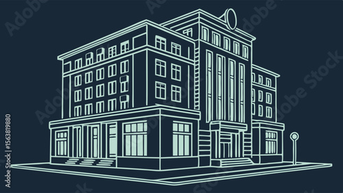 Detailed Architectural Blueprint Line Art of a Classic Multi-Story Building in Isometric View on Dark Background