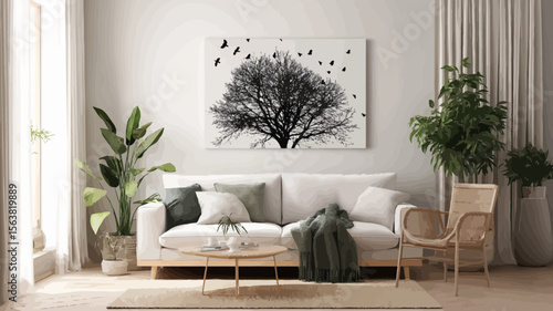 Elegant living room ambiance with tree art, perfect for decorating home spaces in a modern, minimalist, and cozy style.