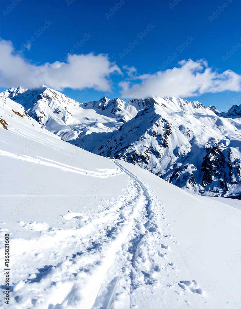 Obraz premium Majestic snowcovered mountain range under a clear blue sky, with ski tracks leading into the distance. Evokes adventure, freedom, and the beauty of winter landscapes.