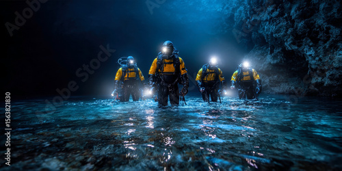 A team of divers in bright yellow suits explores an underwater cave, illuminated by headlamps, showcasing the thrill of deep-sea adventures in a captivating aquatic setting.
