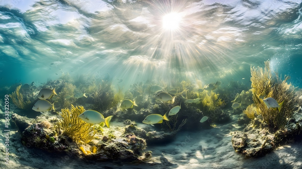 Fototapeta premium Sunbeams illuminate underwater coral reef scene with various fish swimming