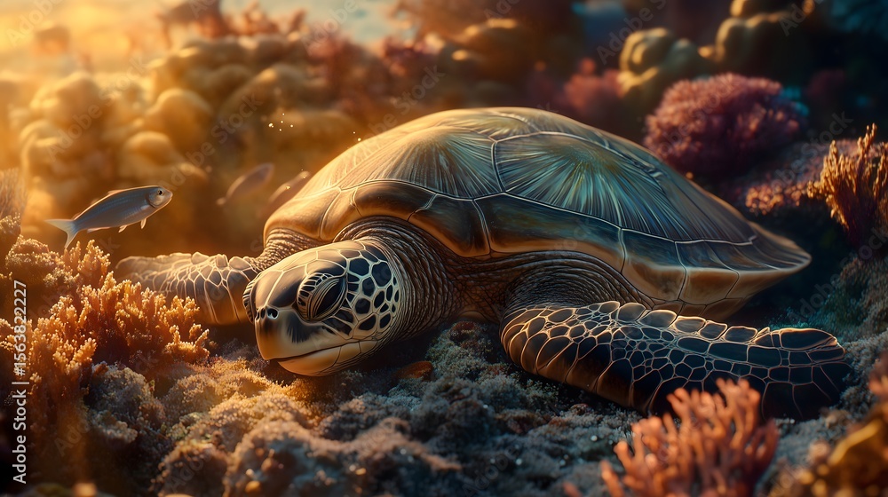Fototapeta premium Sea turtle resting on ocean floor among coral and fish underthesea oceanlife