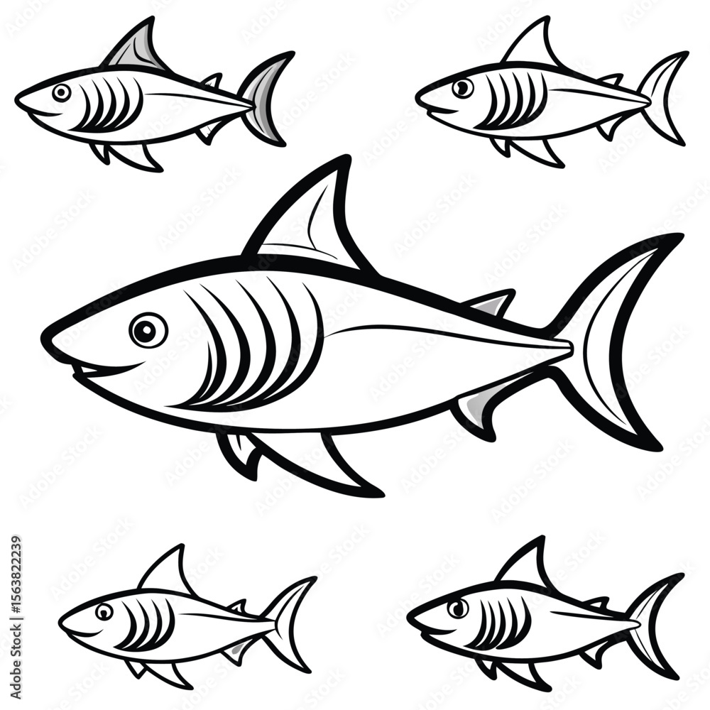 Fototapeta premium Five cartoon sharks swimming fish marine life