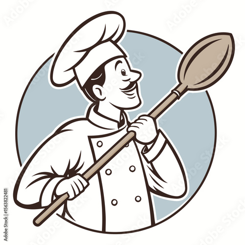 Cartoon Chef with a Moustache Holding a Wooden Spoon with Pride
