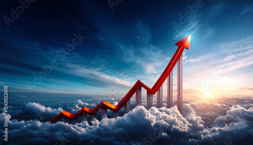 Witness the ascent of progress as a bold red arrow pierces through clouds, symbolizing economic growth, ambition, and limitless opportunities beneath a breathtaking sky at sunrise.