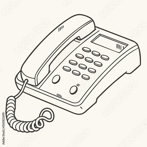 A line drawing of a retro office desk telephone with coiled cord
