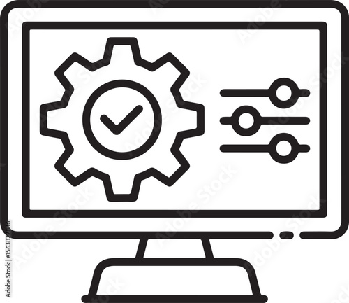 Minimalist black and white line art of a computer screen displaying a gear with a checkmark and sliders