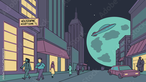 Cityscape at Night with UFO and Moon