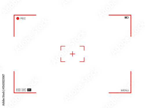 Red Camera Viewfinder: A modern camera viewfinder with a red focus grid, REC indicator, and battery display for precise framing and professional video capture.