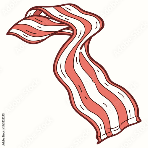 Cartoonish illustration of a delicious crispy bacon strip on a white background
