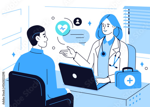 Doctor in office talking to patient. Health worker examine patients health in hospital, clinic. Medical consultation, examination, checkup concept. Vector illustration.