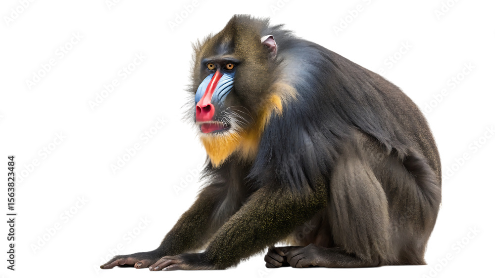 Fototapeta premium Mandrill primate with distinctive colorful face sitting on a transparent background isolated on transparent background