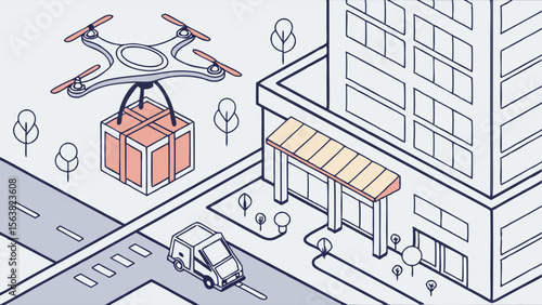 Drone Delivery to Building: Isometric Illustration
