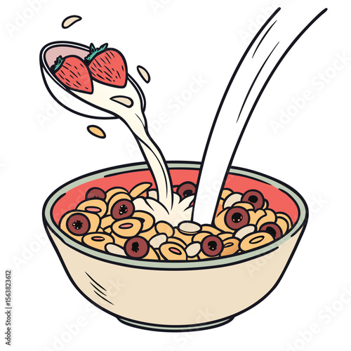 Bowl of delicious breakfast cereal with strawberries being topped with milk