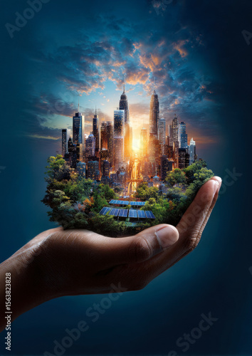 A visually striking image of a hand cradling a miniature city adorned with greenery and solar panels, symbolizing the fusion of urban life and environmental sustainability.